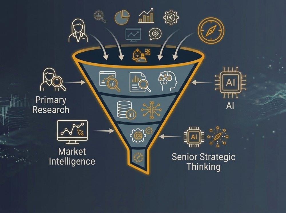The Beacon connected ecosystem: primary research, market intelligence, advanced analytics, AI and senior strategic thinking feed into one funnel.